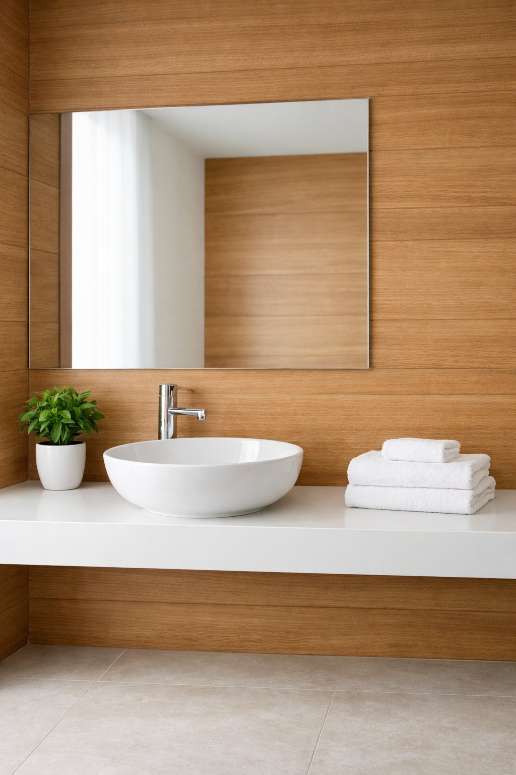 Minimalist Bathroom Setup: 7 Essential Elements for a Clean, Functional Space 8 A bathroom with warm wood-paneled walls, a white countertop with a vessel sink, a large mirror, and a small green plant.