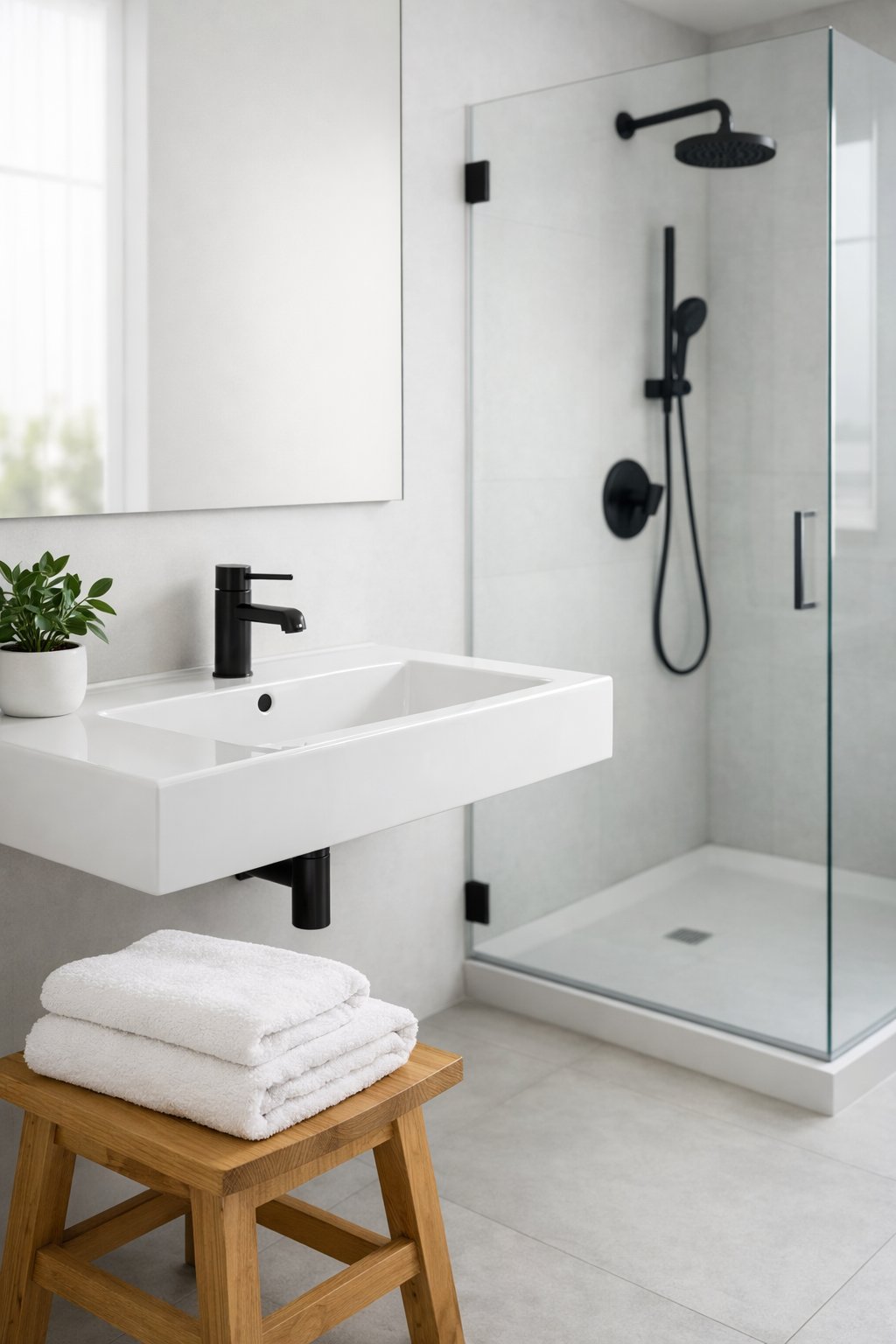Minimalist Bathroom Setup: 7 Essential Elements for a Clean, Functional Space 11 A clean and bright bathroom with a wall-mounted sink, glass shower, folded towel on a wooden stool, and a small plant on the counter.