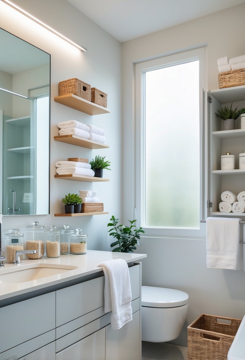 A modern bathroom with various storage solutions including shelves, baskets, jars, and a tall cabinet holding toiletries and towels.