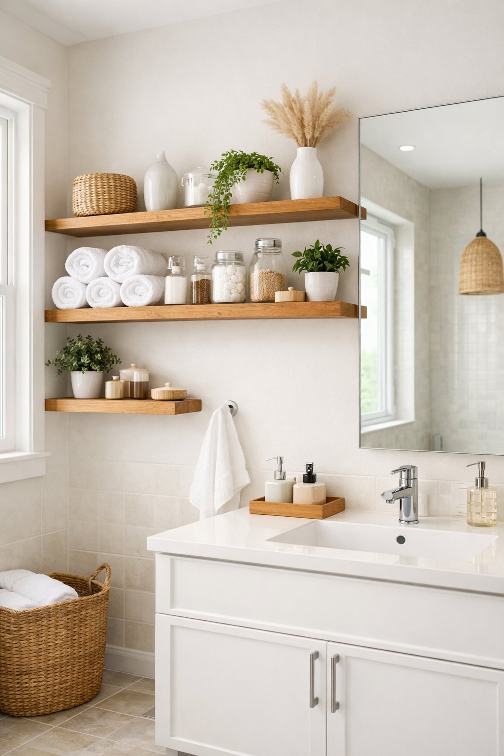 Stylish Bathroom Remodeling Ideas with Open Shelving: 7 Smart, Space-Savvy Designs 2 A bright bathroom with open wooden shelves above a white vanity, holding towels, plants, and bath items.