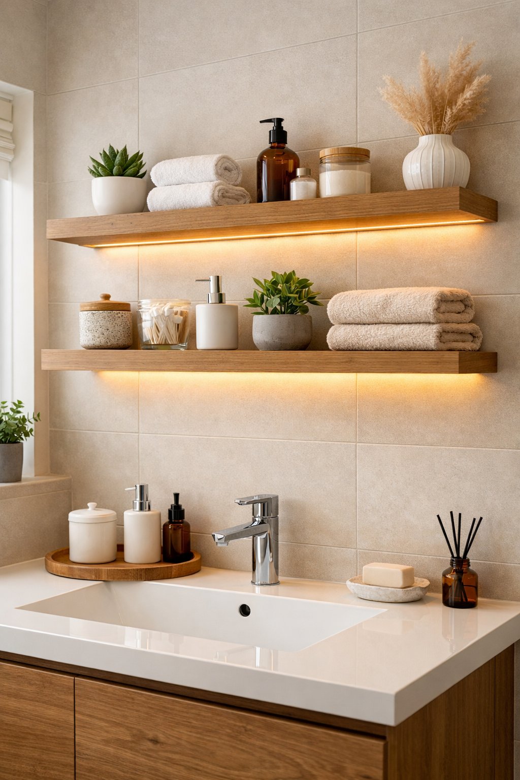 Stylish Bathroom Remodeling Ideas with Open Shelving: 7 Smart, Space-Savvy Designs 3 A bathroom with floating wooden shelves above a sink, holding plants, towels, and bathroom items.