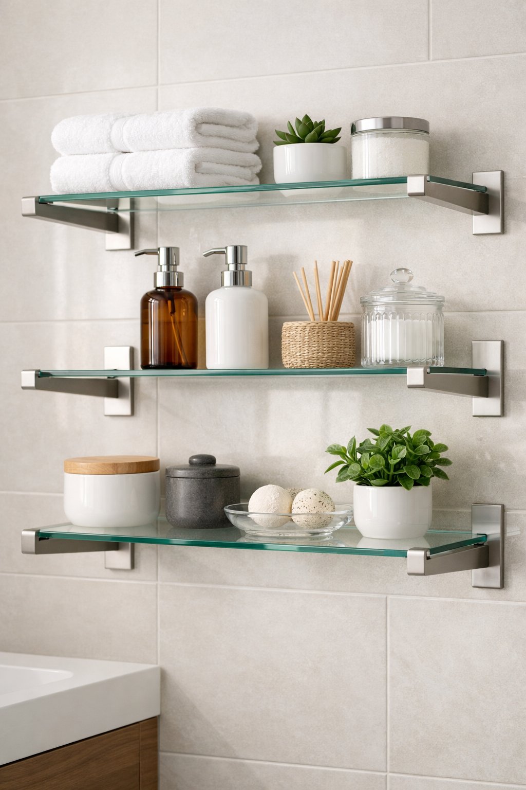 Stylish Bathroom Remodeling Ideas with Open Shelving: 7 Smart, Space-Savvy Designs 4 A bathroom wall with metal brackets holding glass shelves displaying towels, plants, and bathroom accessories.