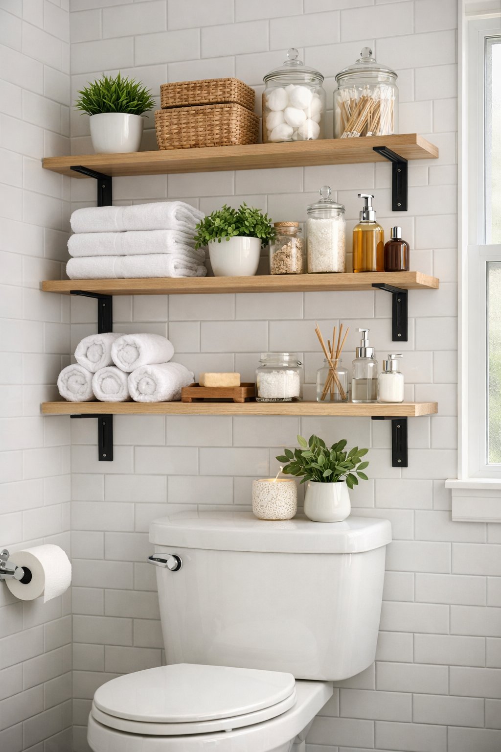 Stylish Bathroom Remodeling Ideas with Open Shelving: 7 Smart, Space-Savvy Designs 5 A bathroom with open shelves mounted above a toilet holding towels, plants, and toiletries.