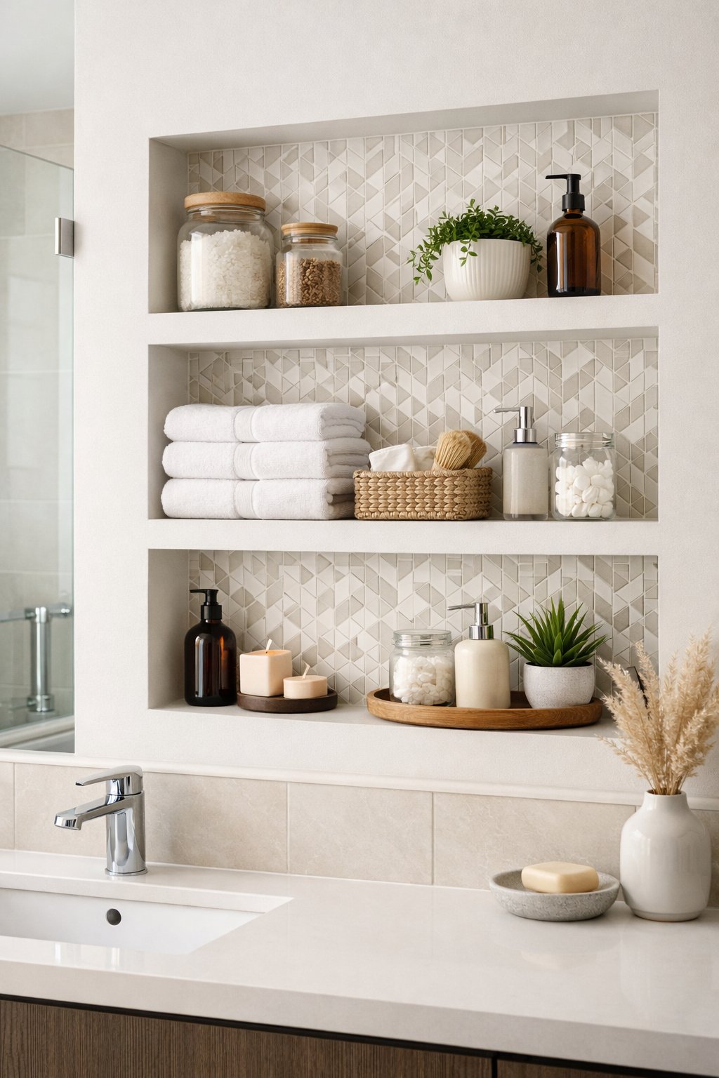 Stylish Bathroom Remodeling Ideas with Open Shelving: 7 Smart, Space-Savvy Designs 6 A bathroom with built-in recessed shelves displaying towels, jars, plants, and toiletries against tiled backs.
