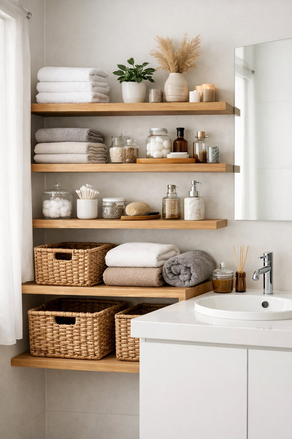 Stylish Bathroom Remodeling Ideas with Open Shelving: 7 Smart, Space-Savvy Designs 7 A bathroom with open wooden shelves and woven baskets holding towels, plants, and toiletries.