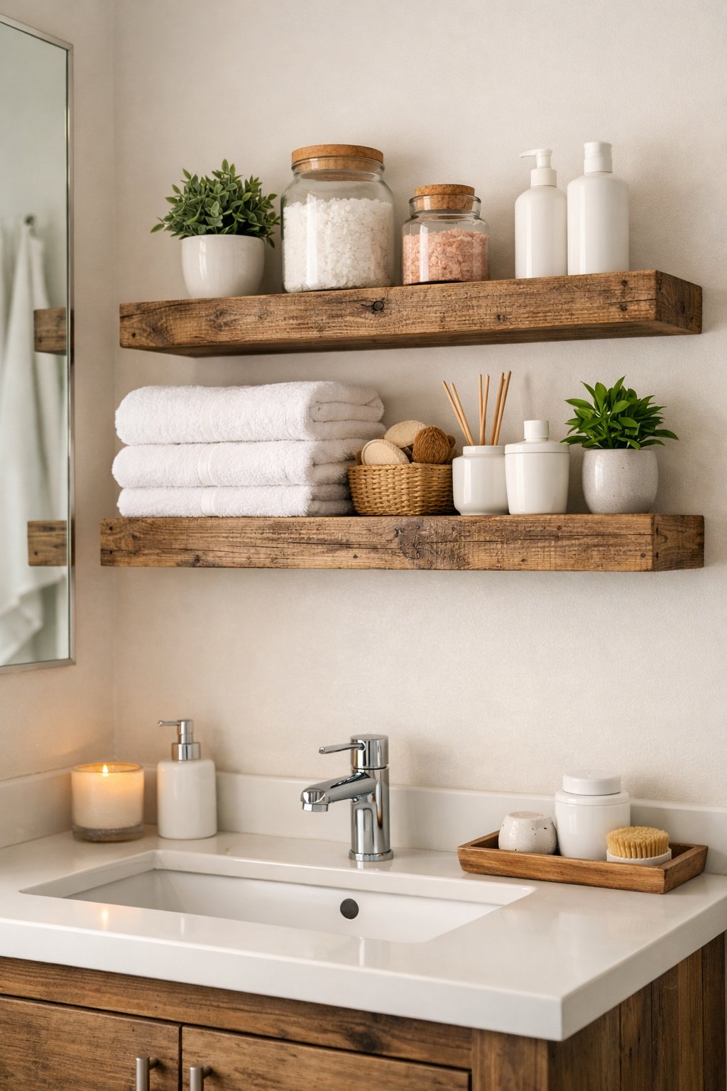 Stylish Bathroom Remodeling Ideas with Open Shelving: 7 Smart, Space-Savvy Designs 8 Bathroom with open wooden shelves holding towels, jars, and plants above a white sink.