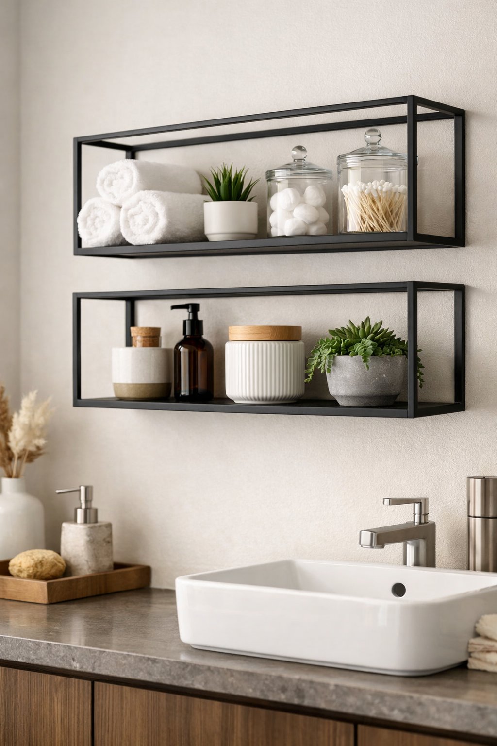 Stylish Bathroom Remodeling Ideas with Open Shelving: 7 Smart, Space-Savvy Designs 9 A bathroom with black framed open shelves holding towels, plants, and containers above a countertop with a sink.