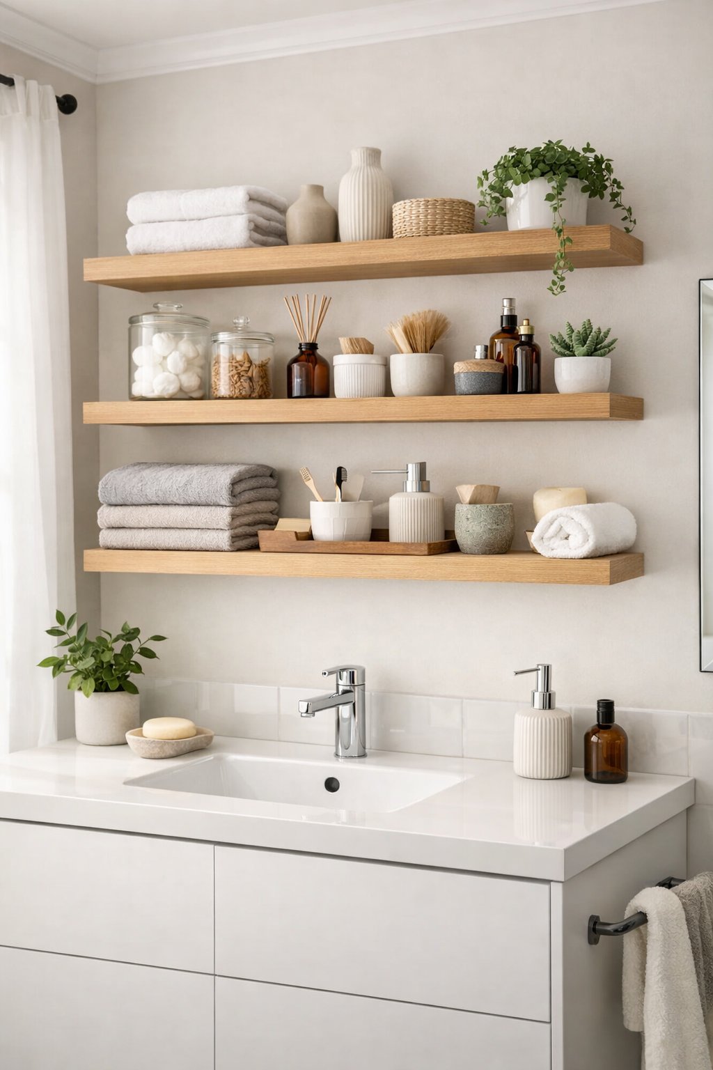 Stylish Bathroom Remodeling Ideas with Open Shelving: 7 Smart, Space-Savvy Designs 10 A bathroom with open wooden shelves above a white vanity holding towels, plants, and toiletries.