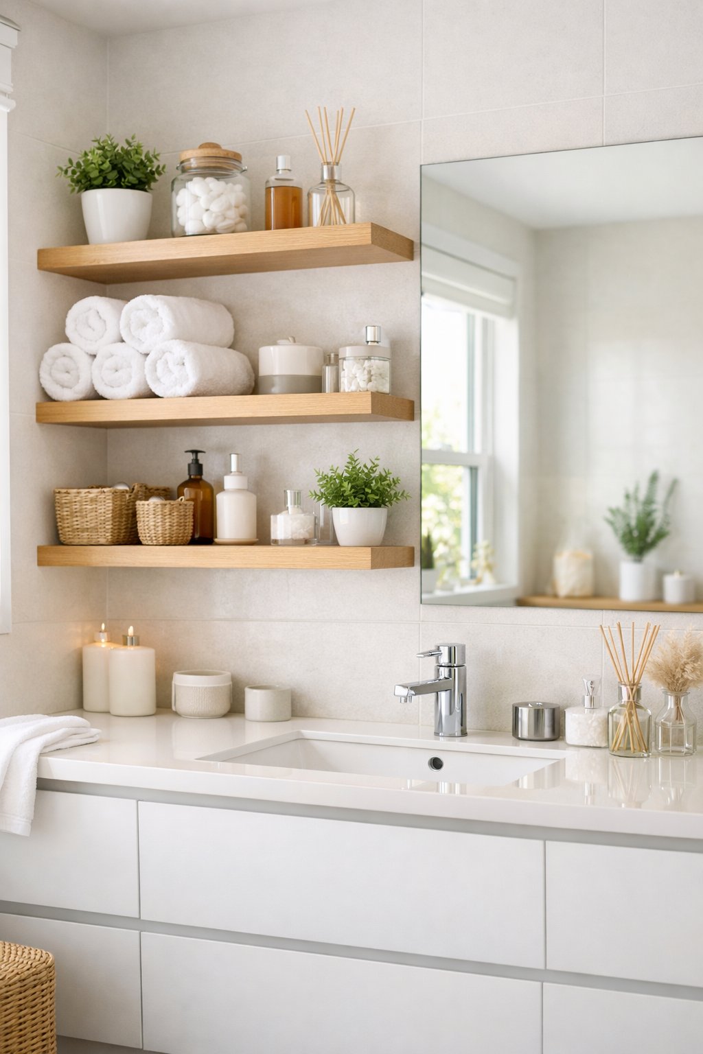 Stylish Bathroom Remodeling Ideas with Open Shelving: 7 Smart, Space-Savvy Designs 11 A modern bathroom with open wooden shelves holding towels, plants, and bathroom essentials next to a white vanity with a sink.