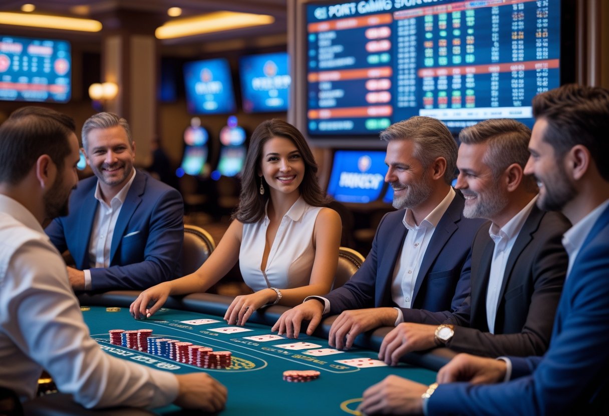 Adults playing poker and placing bets in a casino setting with a sports betting screen in the background.
