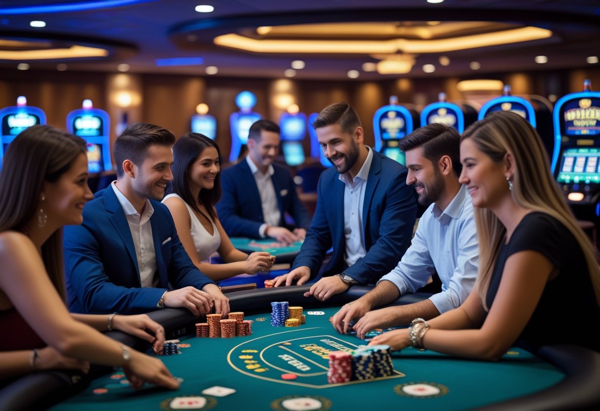 Adults playing poker and betting at a casino table with a dealer checking identification in a well-lit casino interior.