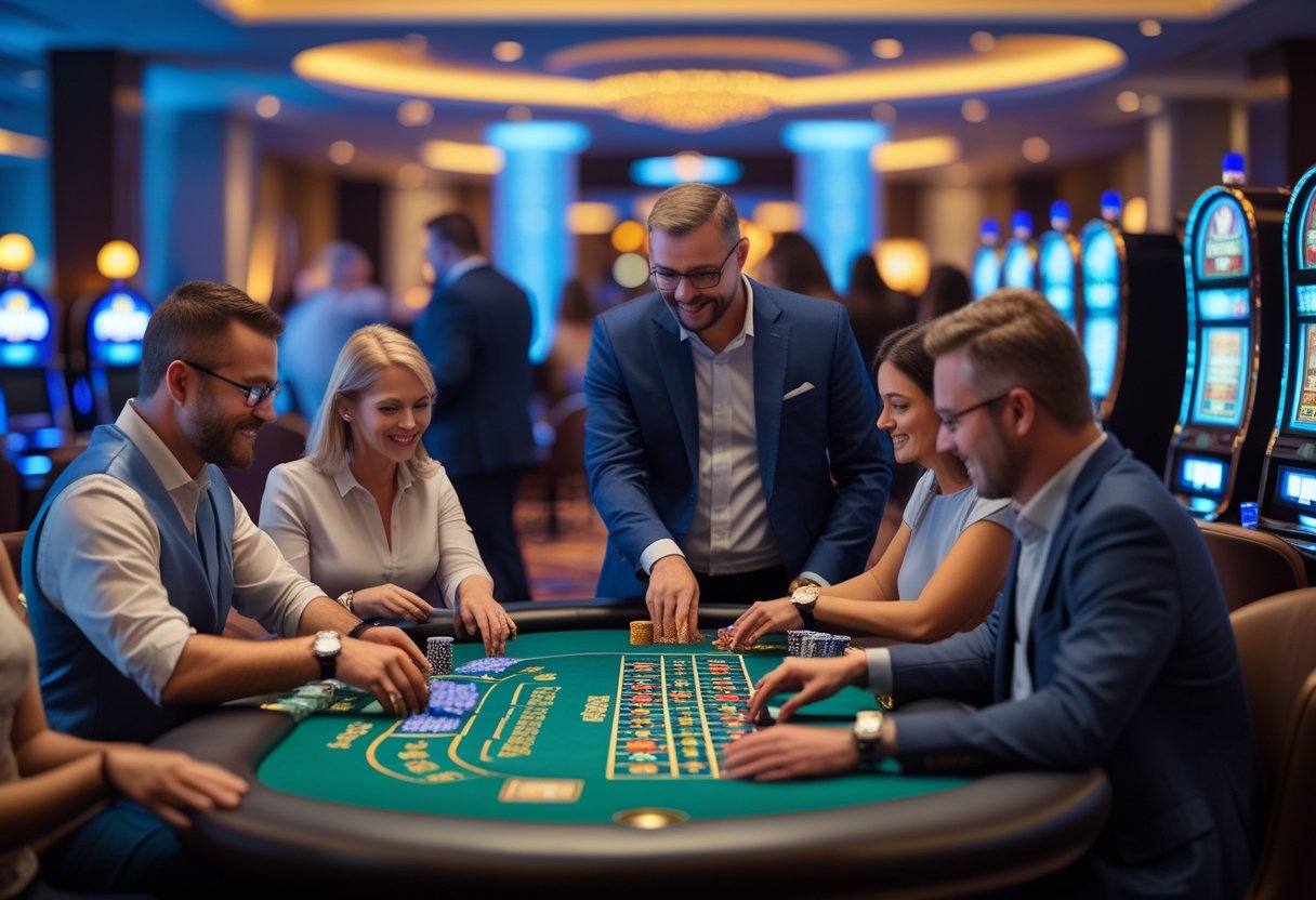 A group of adults playing poker, betting at a roulette wheel, and using slot machines inside a casino.