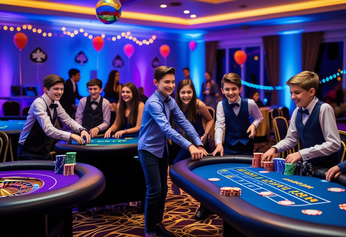 Teenagers enjoying a lively casino night party indoors, playing card games and socializing around decorated tables.