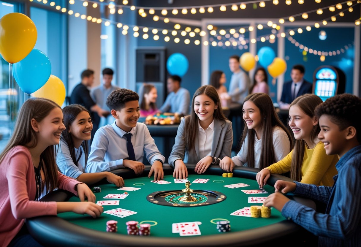 Teenagers enjoying a lively casino night party playing card games around decorated tables indoors.