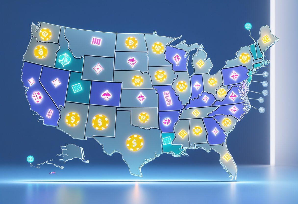 A detailed map of the United States highlighting states that have legal casinos with casino-related icons.