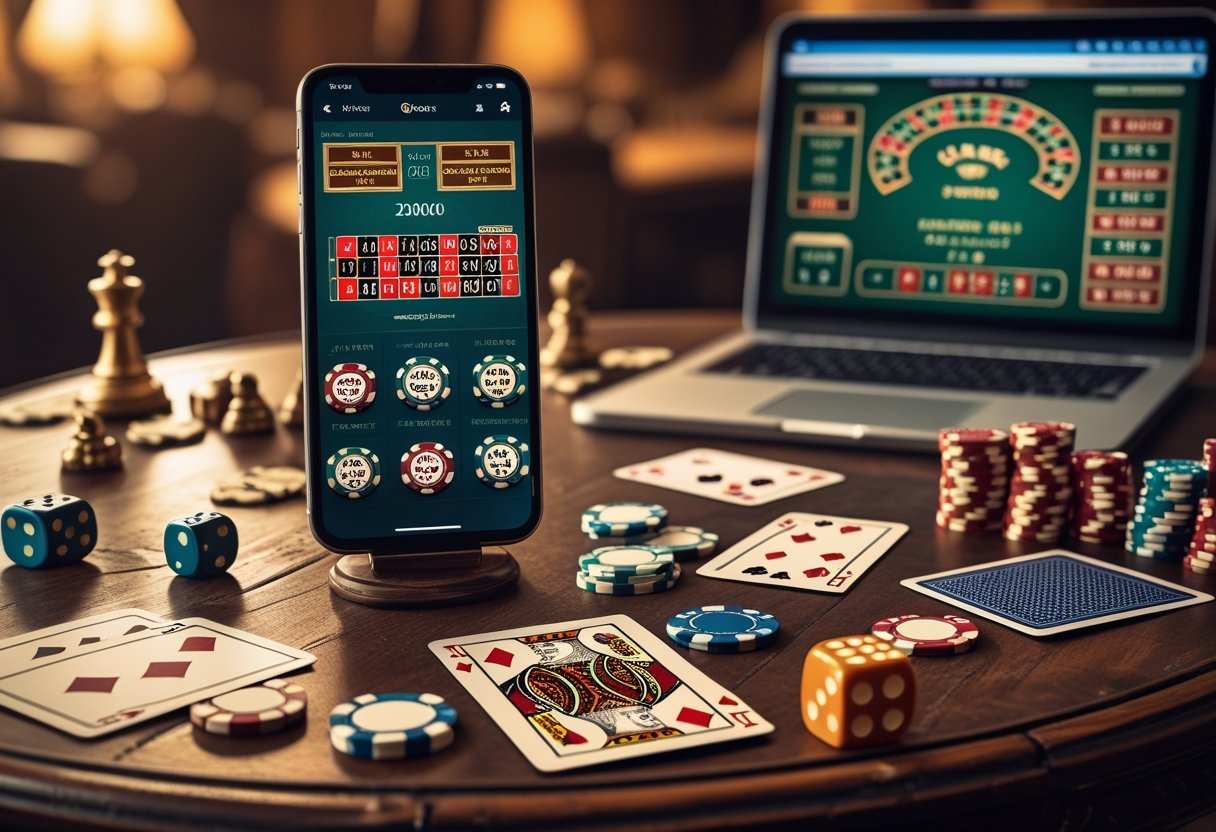 A table with vintage playing cards, antique dice, poker chips, a smartphone showing a digital poker game, and a laptop displaying betting odds.