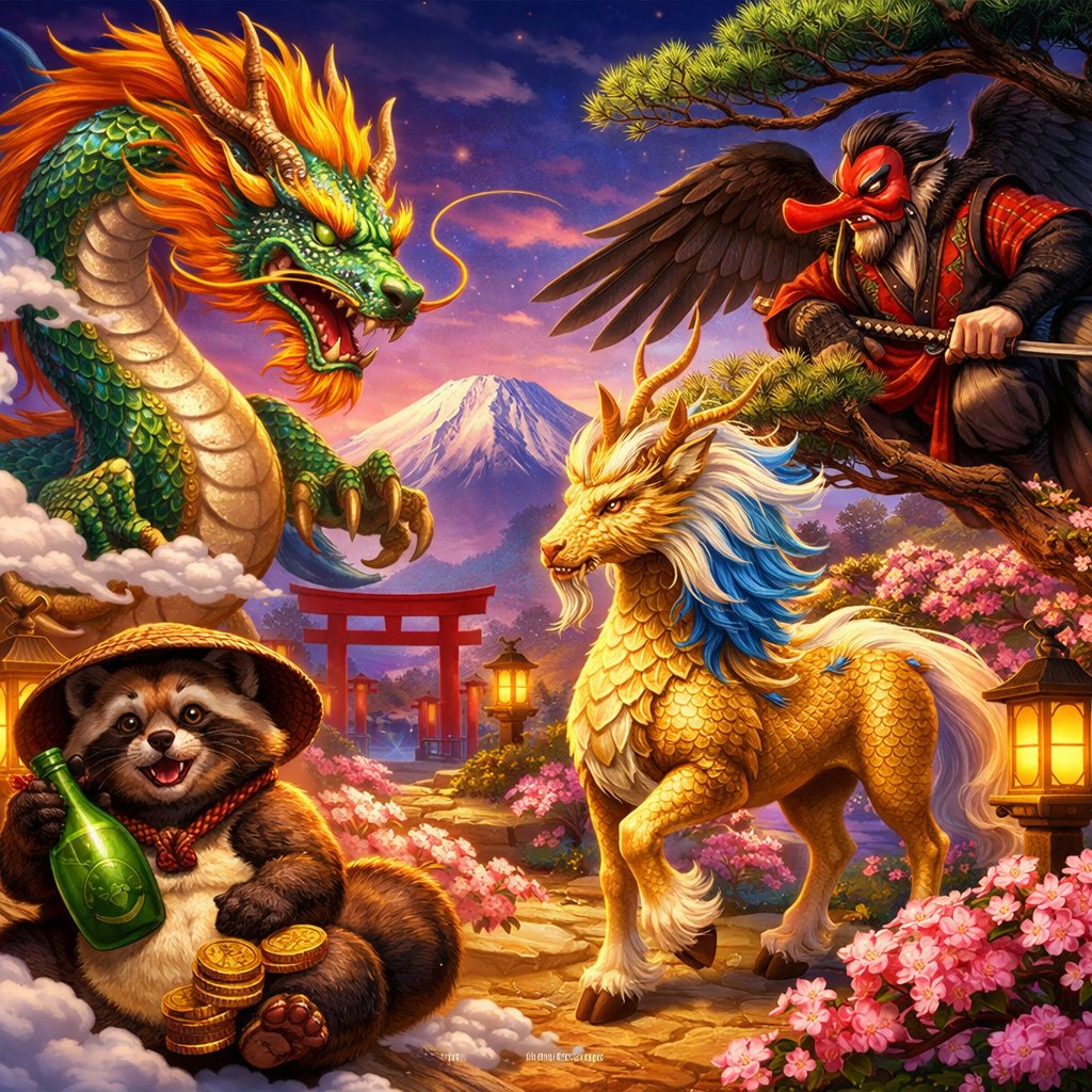 A group of mythical Japanese creatures including a dragon, kirin, tanuki, and tengu surrounded by cherry blossoms, torii gates, and lanterns with Mount Fuji in the background.