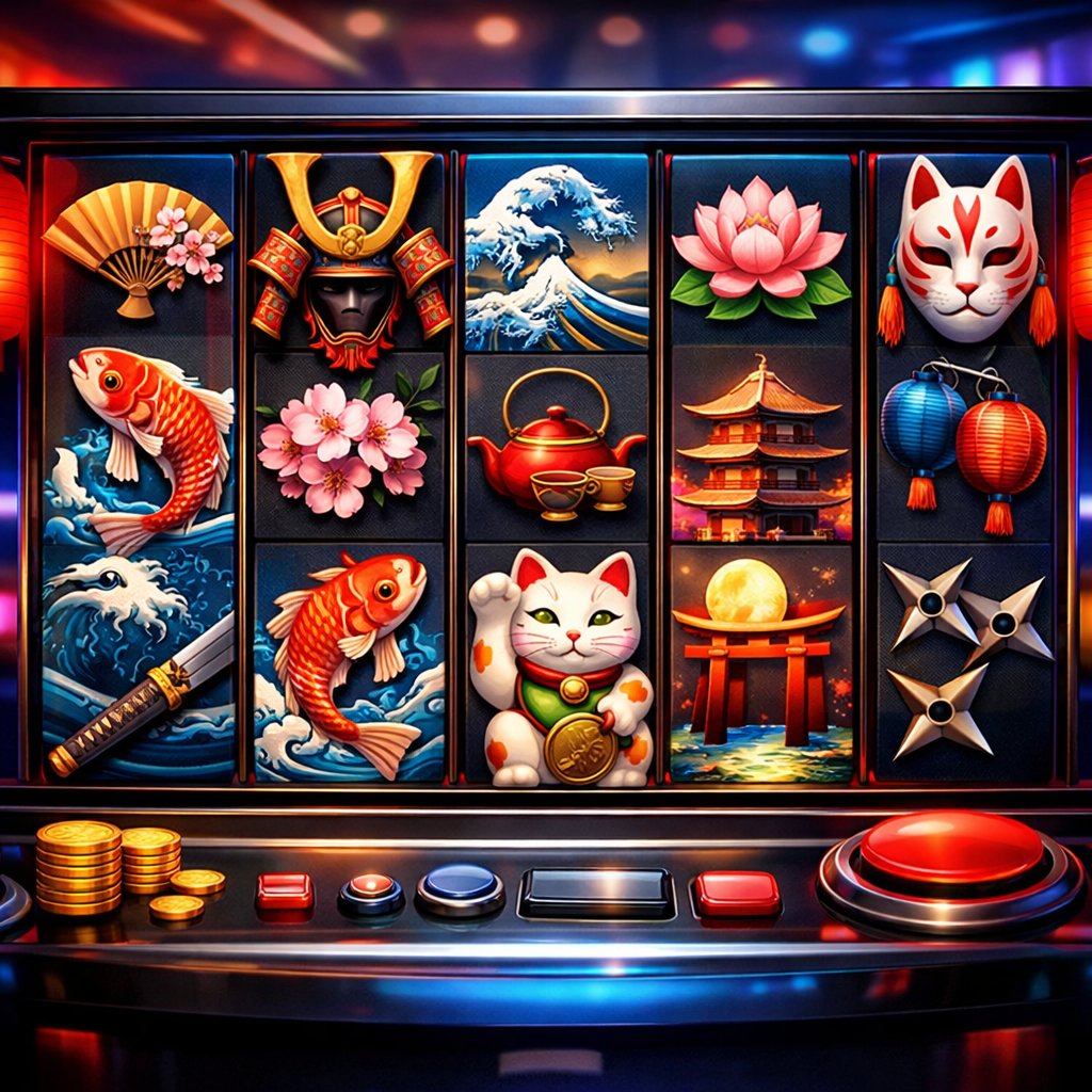 A colorful online slot machine screen displaying symbols like cherry blossoms, koi fish, and samurai helmets in a digital casino setting.