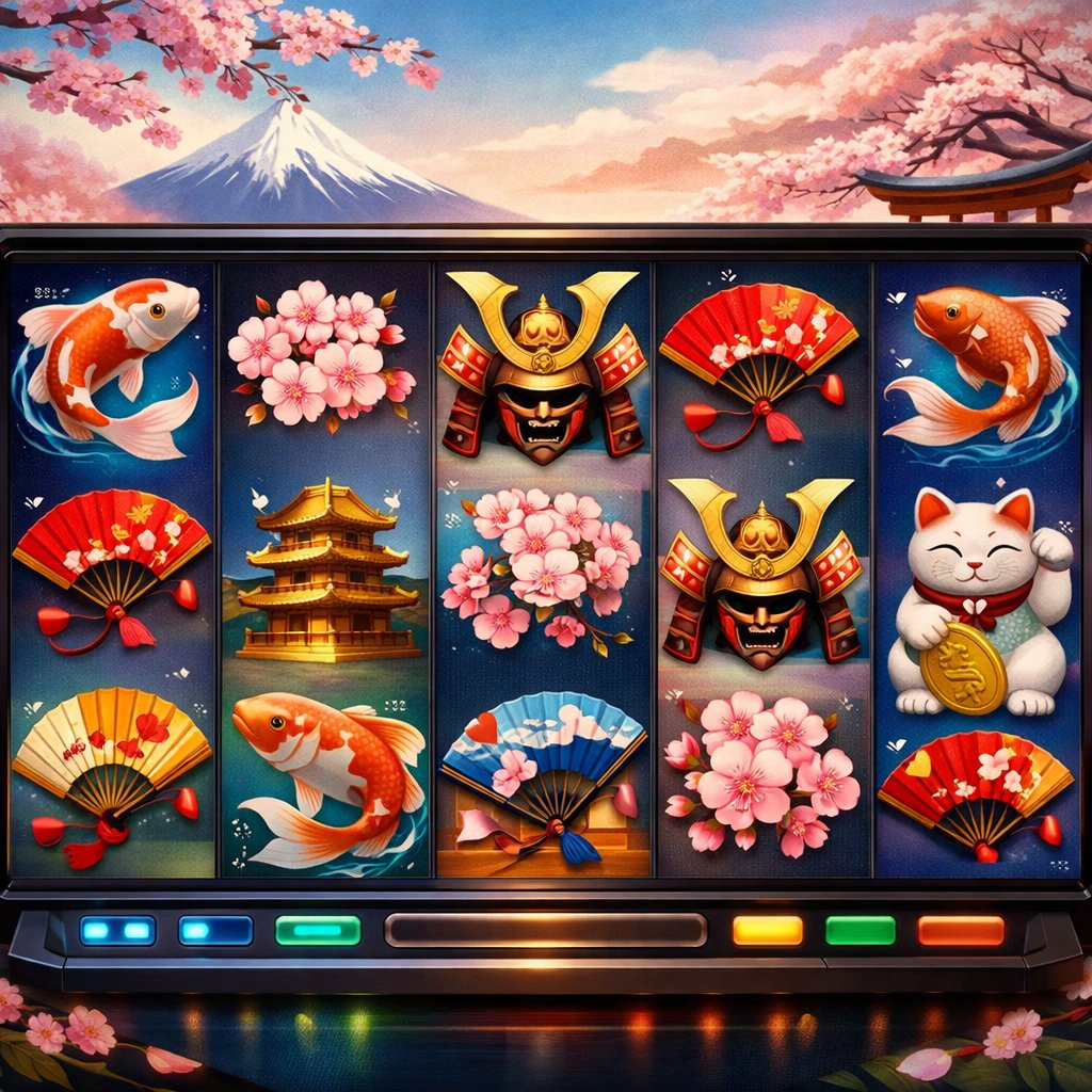 A digital slot machine screen displaying colorful symbols inspired by Japanese culture, set against a bright and polished background.