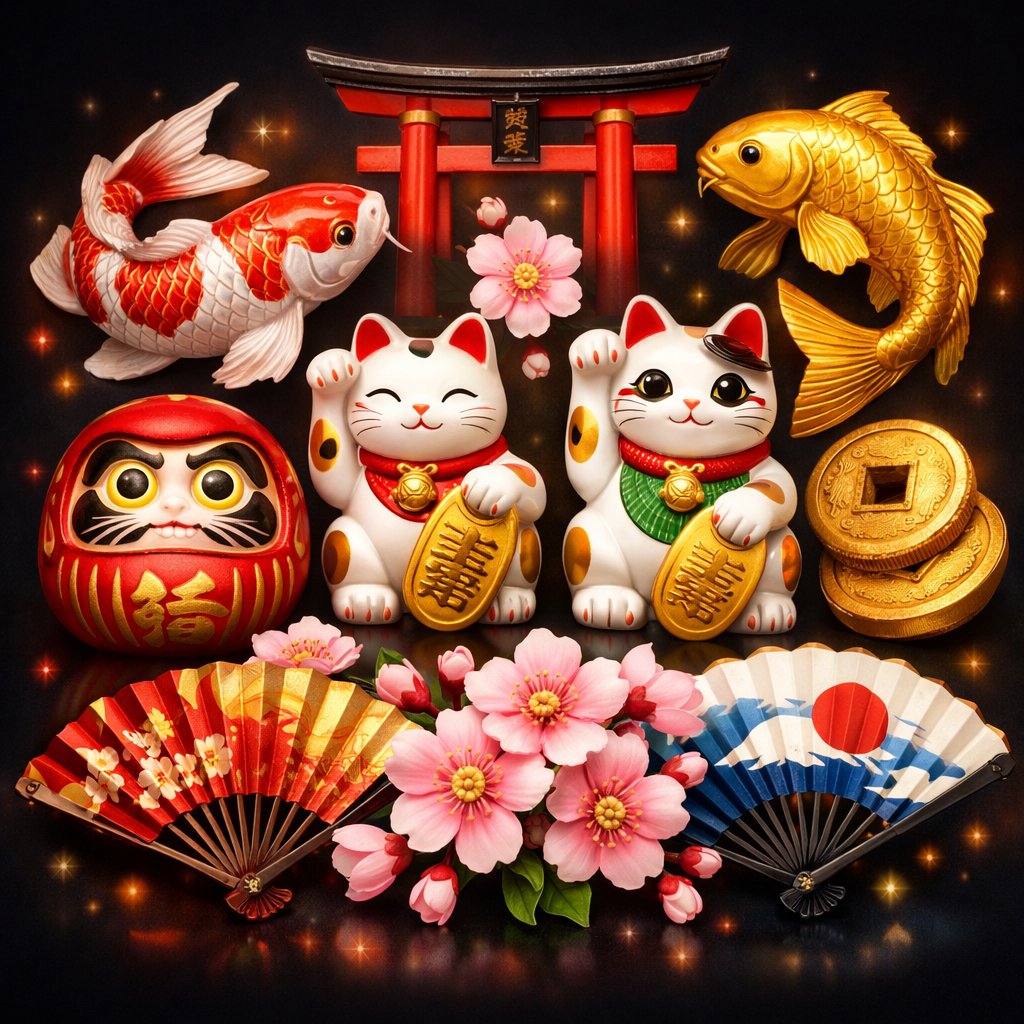 A collection of traditional Japanese symbols used in slot games