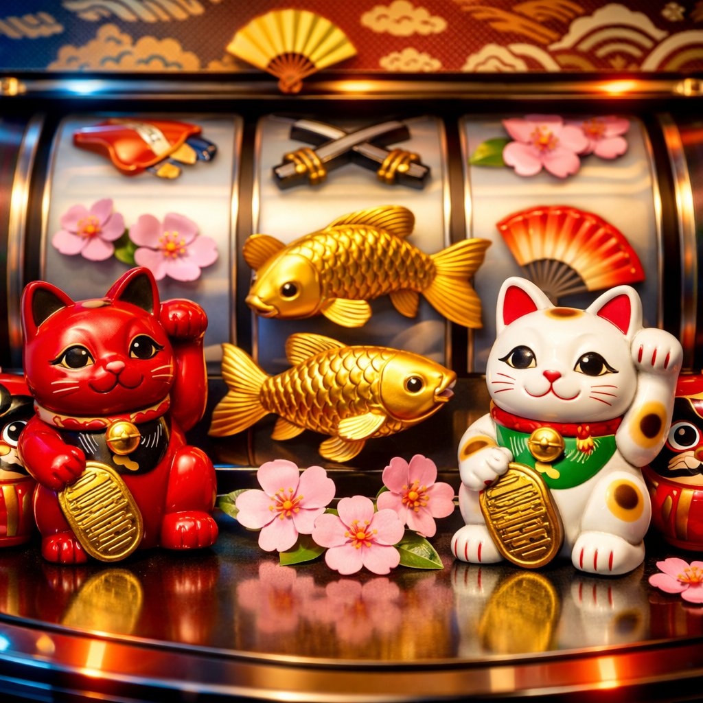 A collection of traditional Japanese symbols including beckoning cats, koi fish, cherry blossoms, and Daruma dolls arranged on a slot machine interface.
