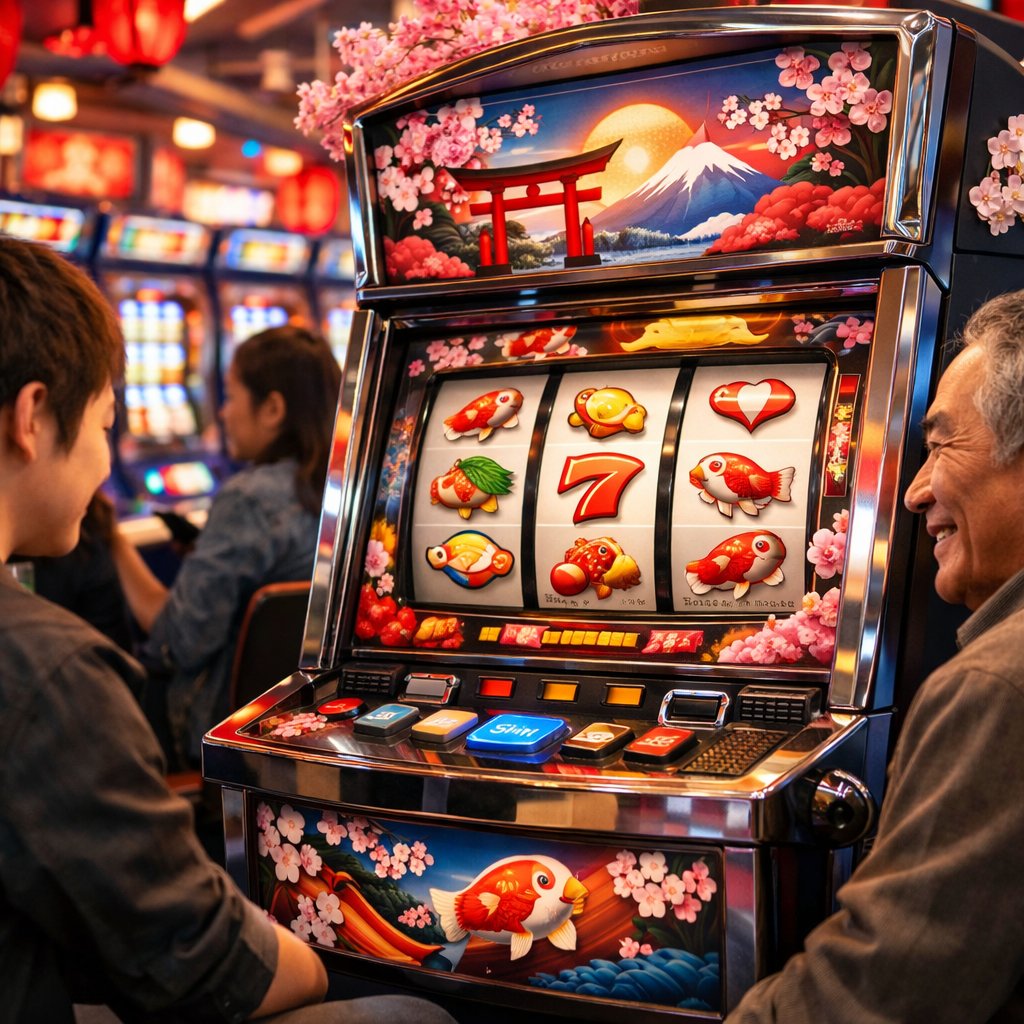 A modern slot machine with Japanese design elements in a brightly lit arcade setting featuring traditional pachinko machines and people playing.