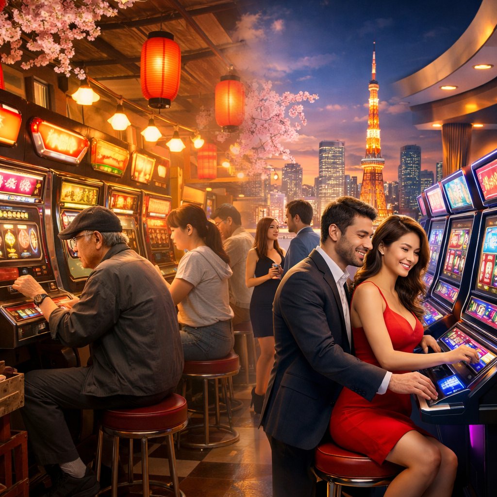 A scene showing the transition from traditional Japanese arcade slot machines to modern casino slot machines with people playing in both settings.