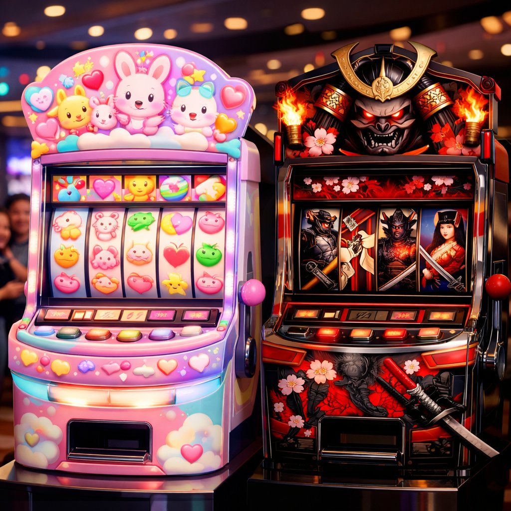 Two slot machines side by side in a casino, one with cute colorful characters and the other with samurai warrior imagery, with people playing in the background.