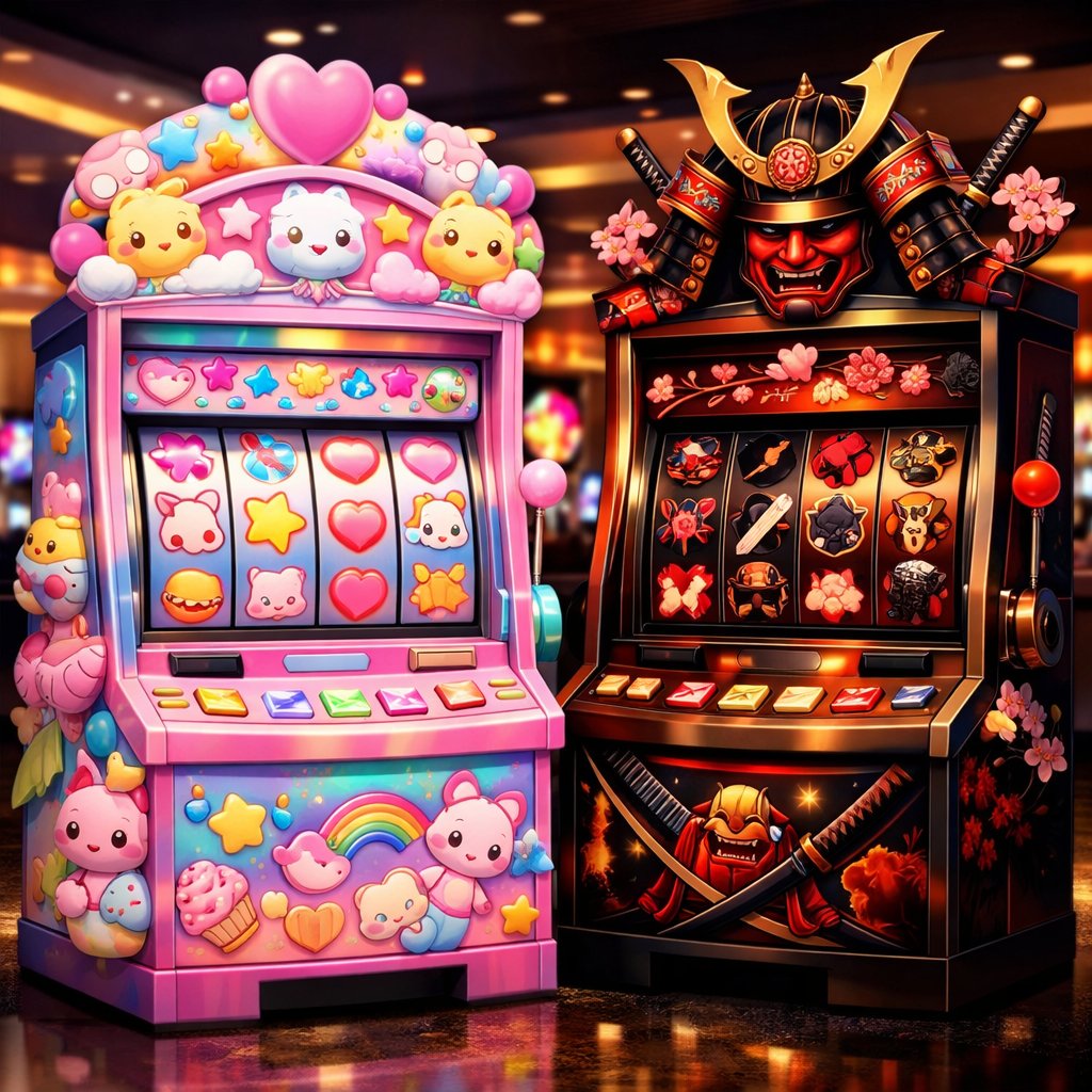 Two casino slot machines side by side, one decorated with cute colorful characters and the other with traditional samurai warrior elements, set in a modern casino environment.