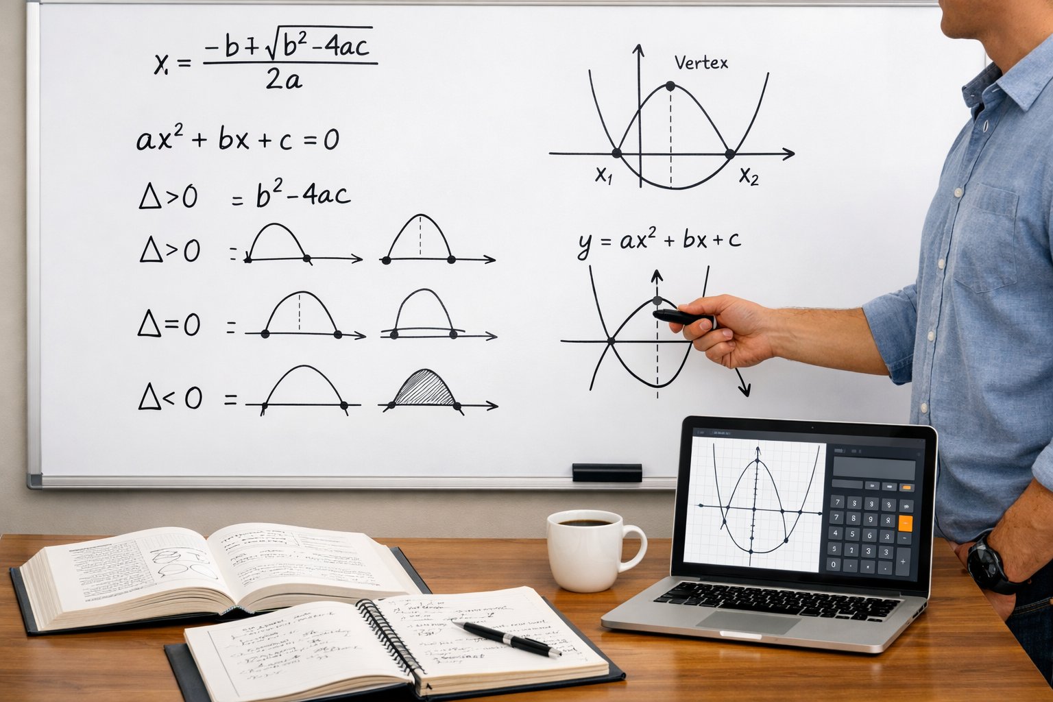 Osoba stoji uz ploču s matematičkim jednadžbama i grafovima, okružena knjigama i prijenosnim računalom na stolu.