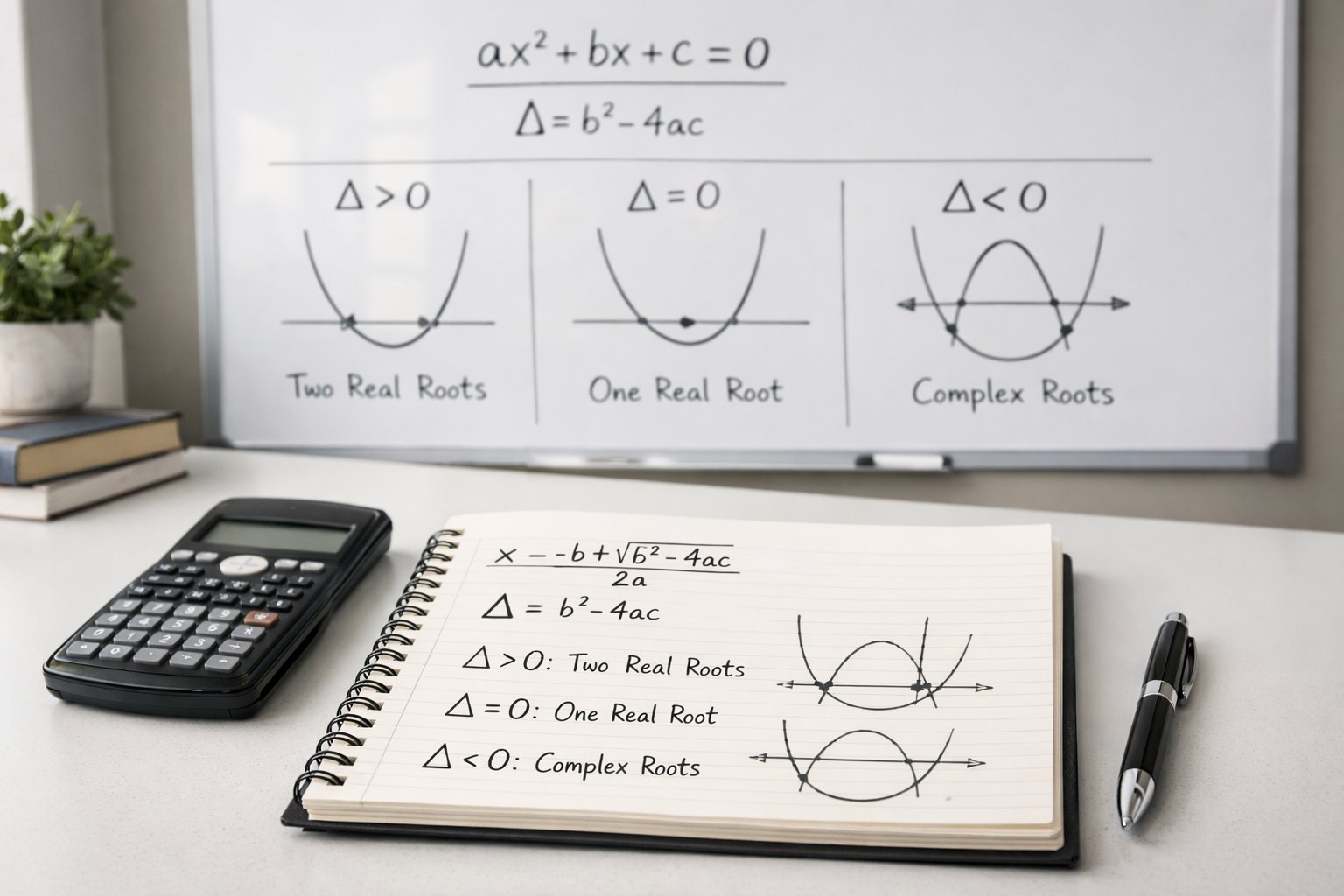 Radni stol s bilježnicom, kalkulatorom i pločom s matematičkim jednadžbama o kvadratnim jednadžbama i diskriminanti.