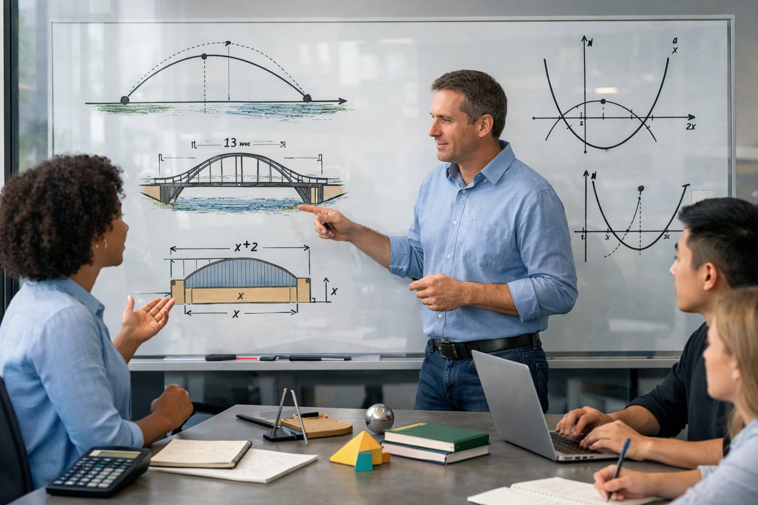 Ljudi u učionici raspravljaju o kvadratnim jednadžbama napisanim na ploči.