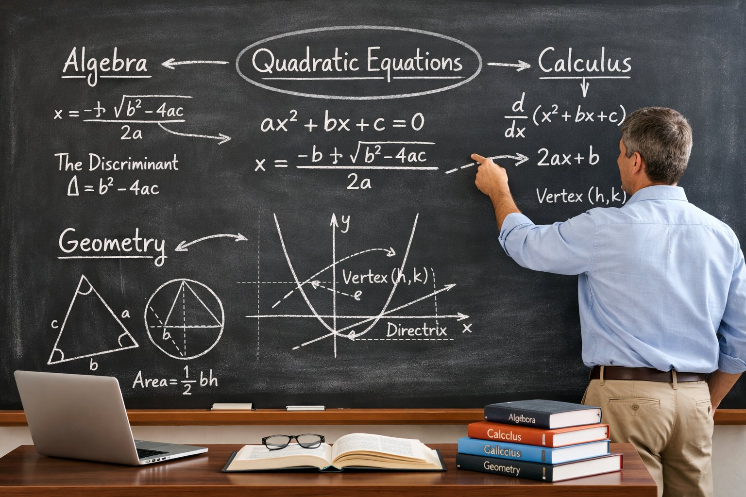 Osoba pokazuje na ploču s matematičkim jednadžbama i grafovima u modernom radnom prostoru.
