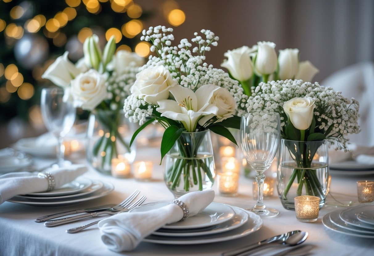 Mesa de jantar arrumada para a ceia de réveillon com arranjos de flores brancas delicadas no centro.