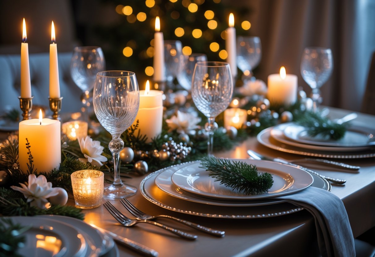 Mesa de ceia de réveillon arrumada com velas perfumadas acesas, pratos, copos e decoração festiva.