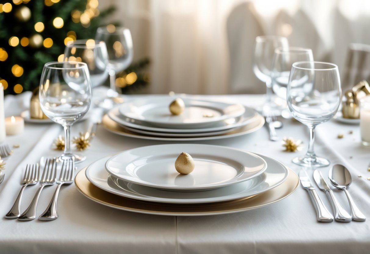 Mesa de jantar arrumada para ceia de réveillon com pratos, talheres e copos alinhados e organizados.