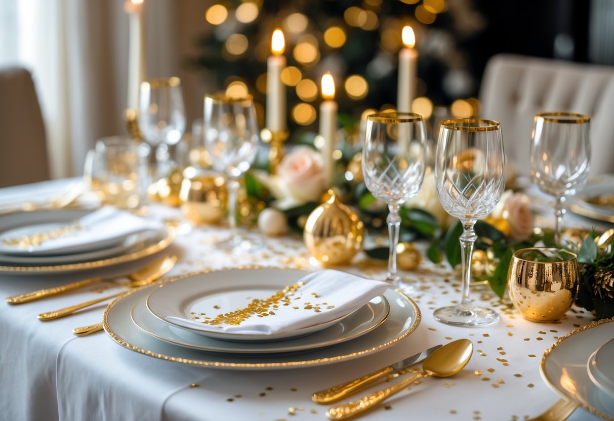 Mesa posta para a ceia de réveillon com detalhes dourados e decoração elegante.