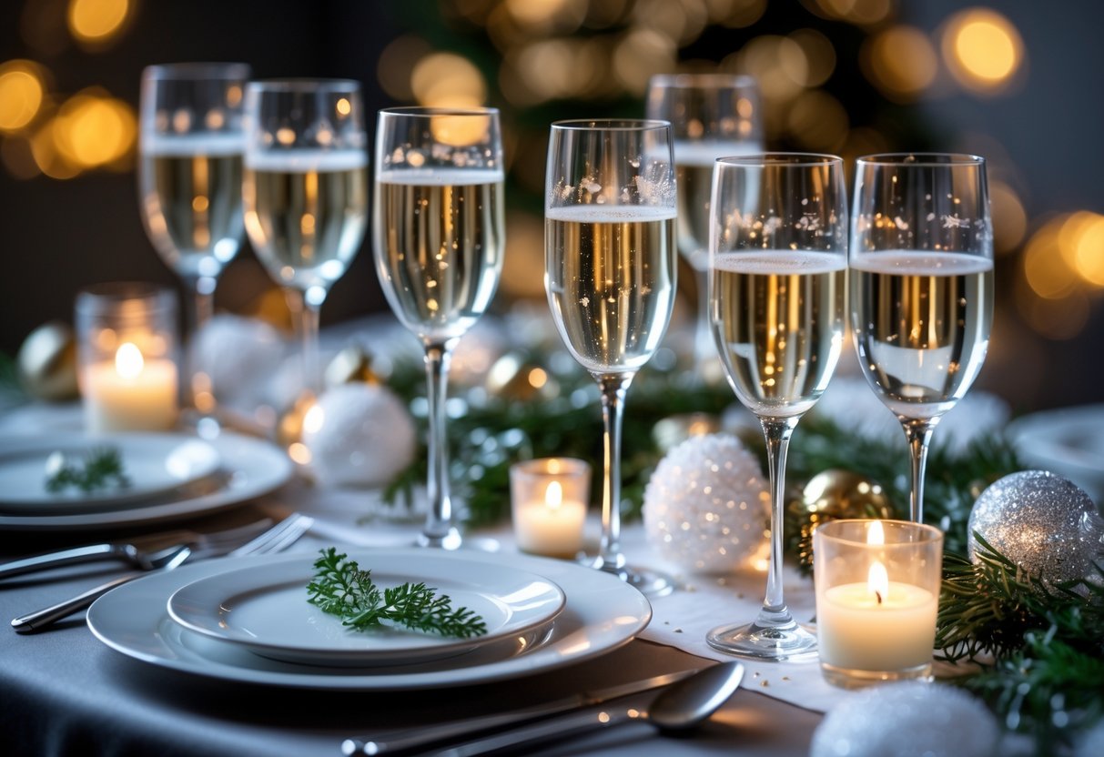 Mesa de jantar arrumada para a ceia de réveillon com taças de champanhe e decoração festiva.