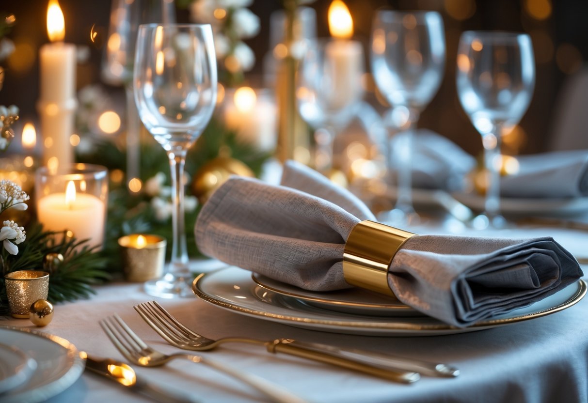 Mesa de jantar arrumada para a ceia de réveillon com guardanapos de tecido em porta-guardanapos personalizados e decoração festiva.