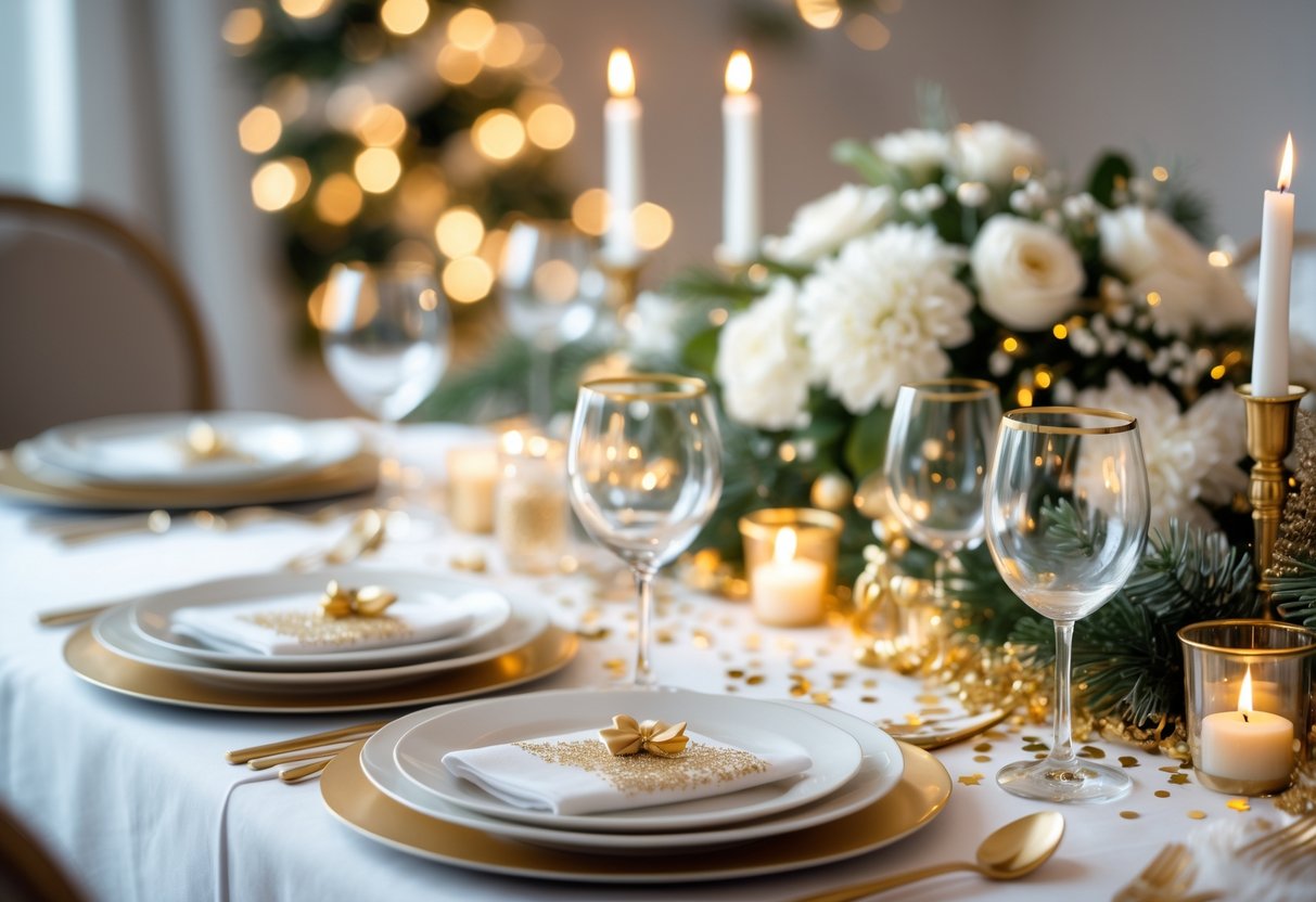 Mesa de jantar arrumada para a ceia de réveillon com pratos, taças, talheres, velas e decoração festiva em tons brancos e dourados.