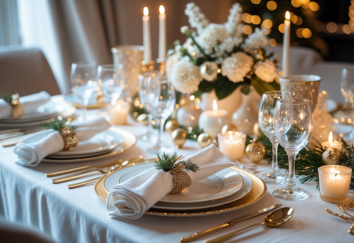 Mesa de jantar arrumada para a ceia de réveillon com pratos, copos, velas e arranjos florais decorativos.