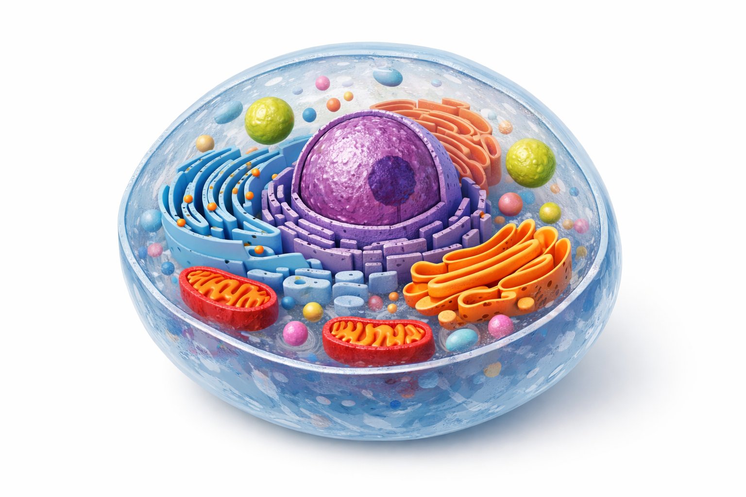 Detaljna ilustracija osnovnih dijelova životinjske stanice s vidljivim organelama poput jezgre, mitohondrija i citoplazme.