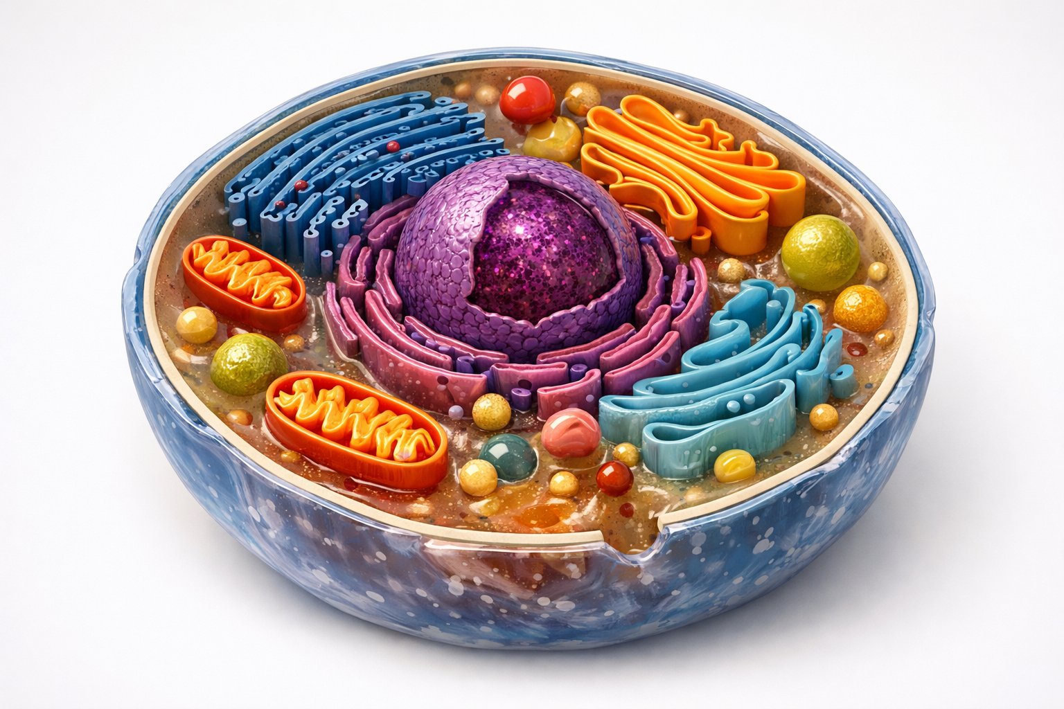 Detaljan prikaz unutrašnje strukture životinjske stanice s vidljivim organelama koje rade zajedno.