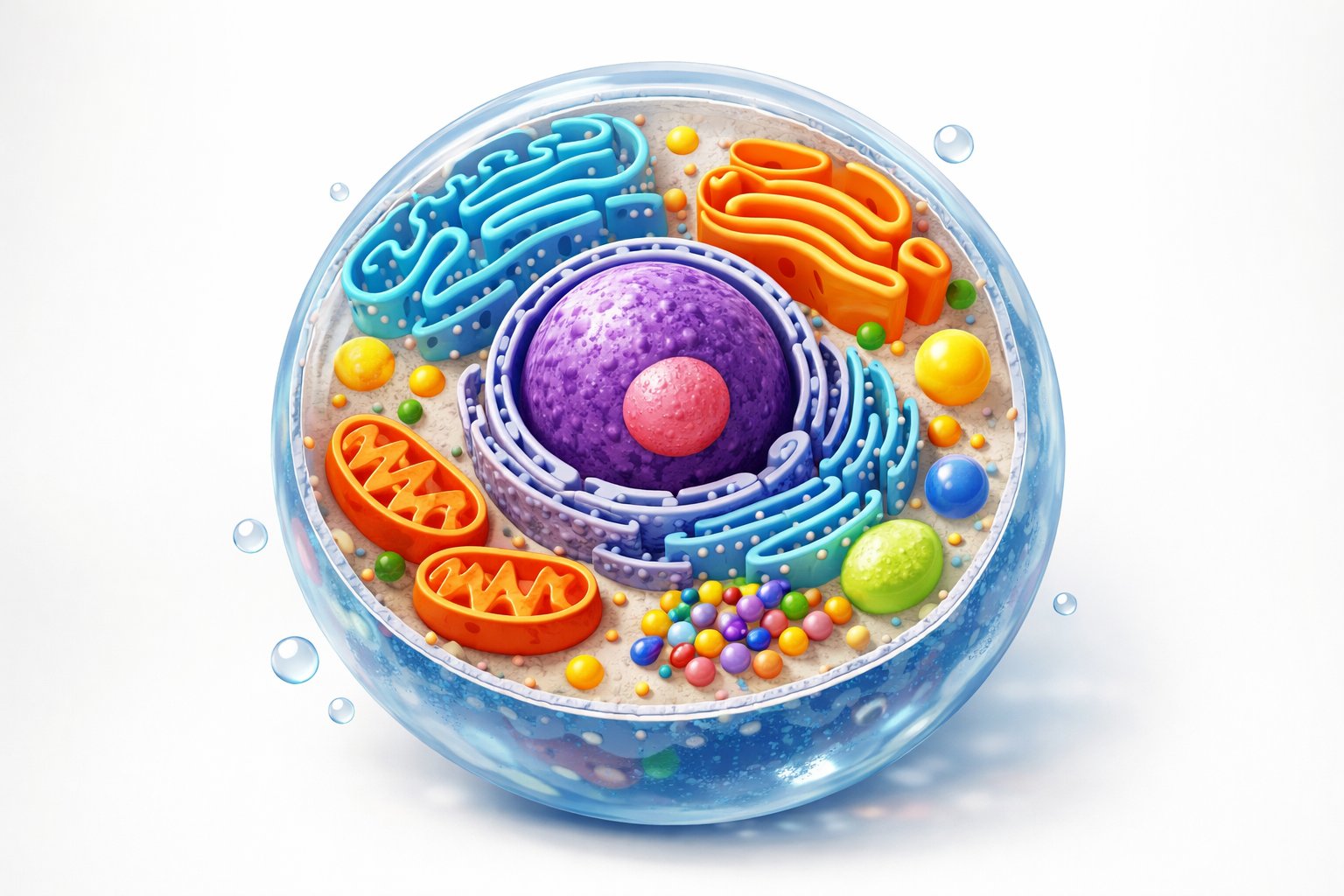 Detaljna ilustracija životinjske stanice s vidljivim organelama unutar sfere.