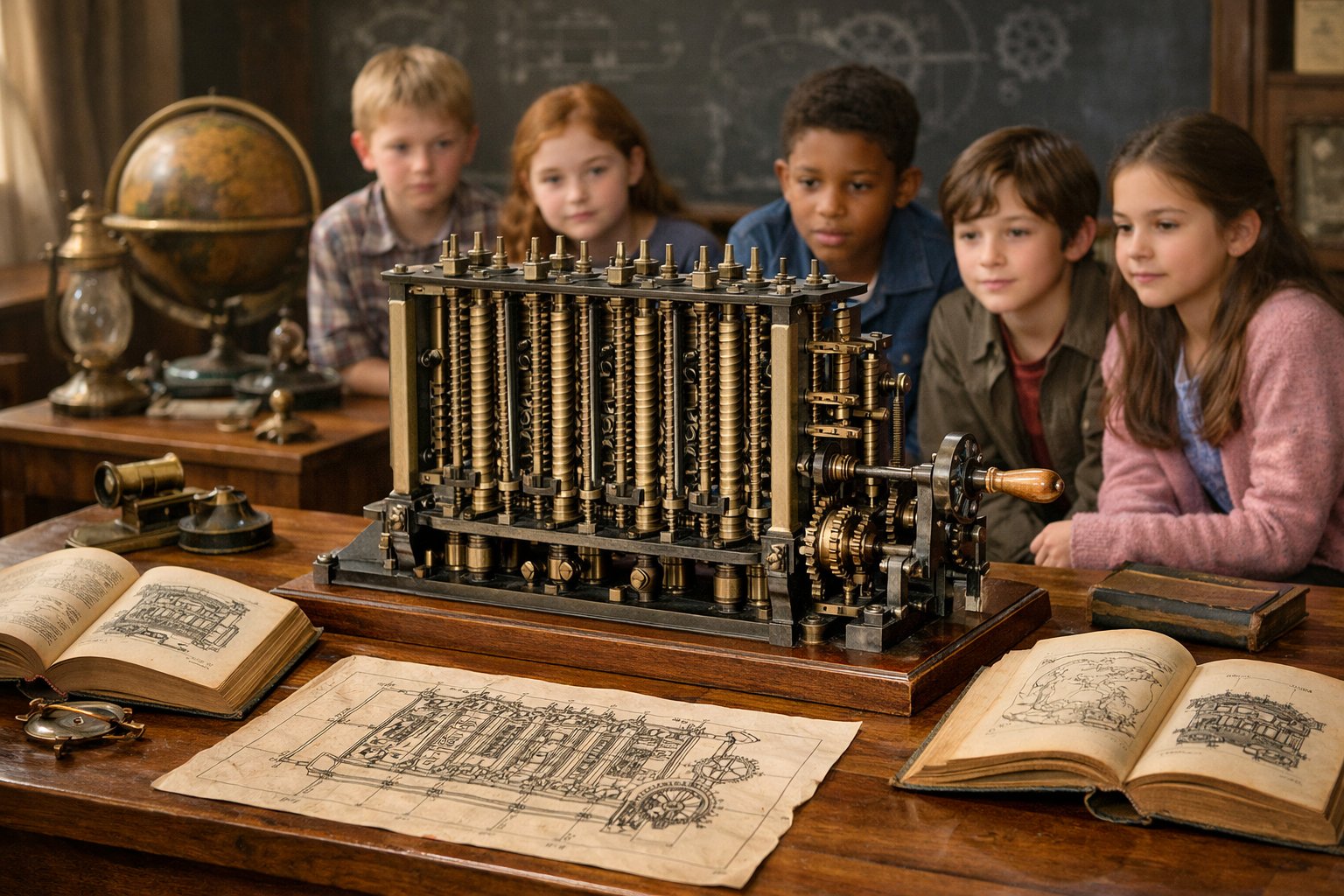 Model diferencijalnog stroja na stolu u učionici, okružen knjigama i djecom koja ga promatraju.