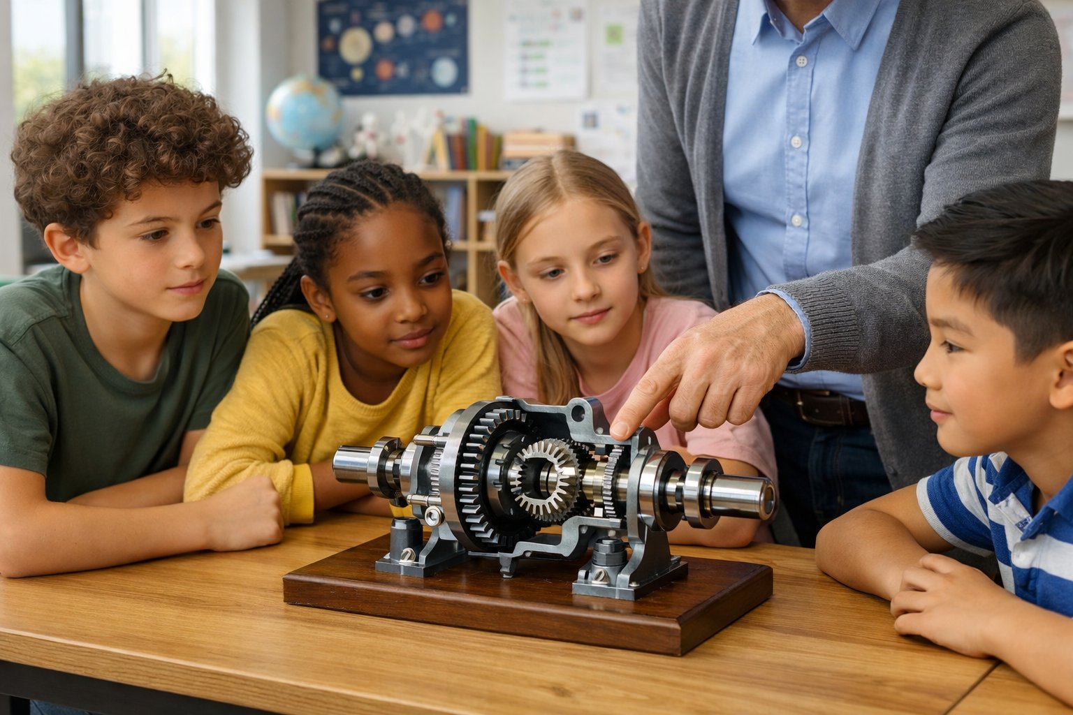 Učitelj pokazuje model diferencijalnog stroja skupini zainteresiranih školaraca u svijetloj učionici.