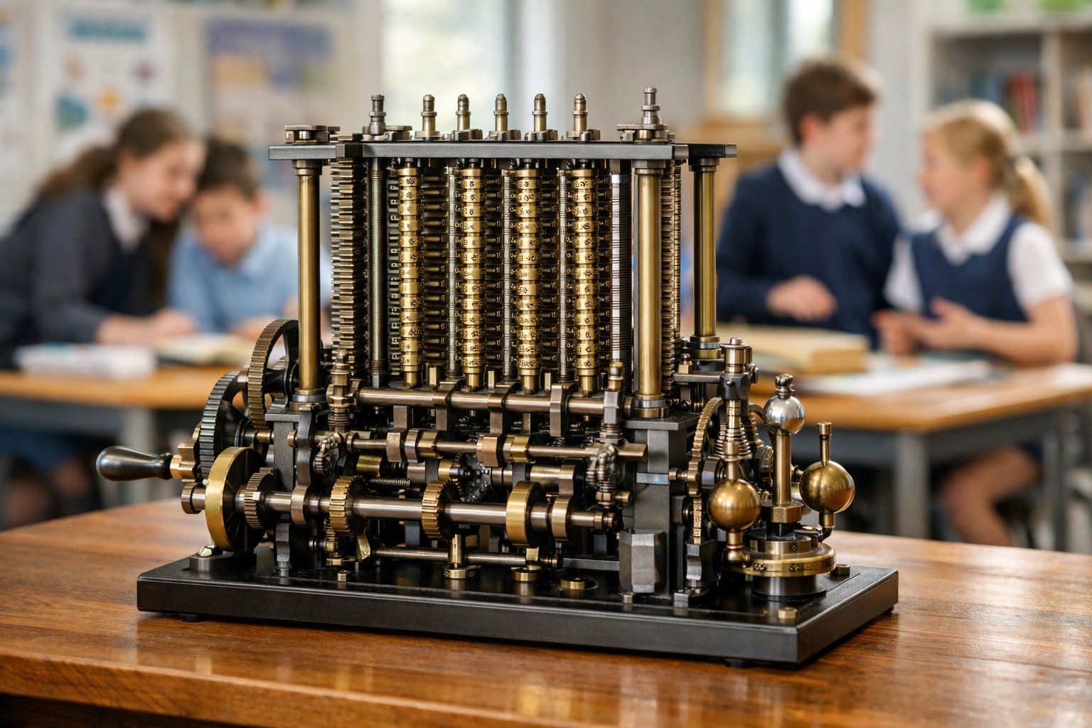 Model diferencijalnog stroja na stolu u učionici s učenicima u pozadini.