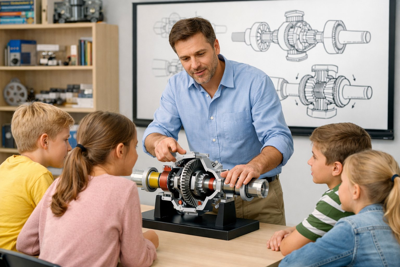 Učionica s učiteljem koji objašnjava diferencijalni stroj grupi zainteresiranih školaraca.