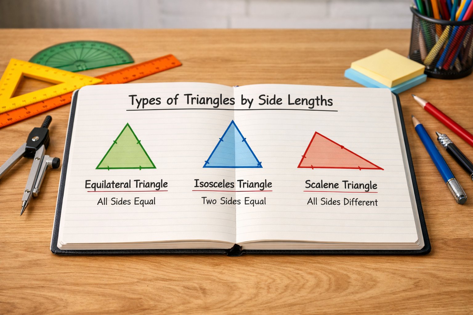 Tri različita trokuta nacrtana na papiru na stolu s geometrijskim alatima u učionici.
