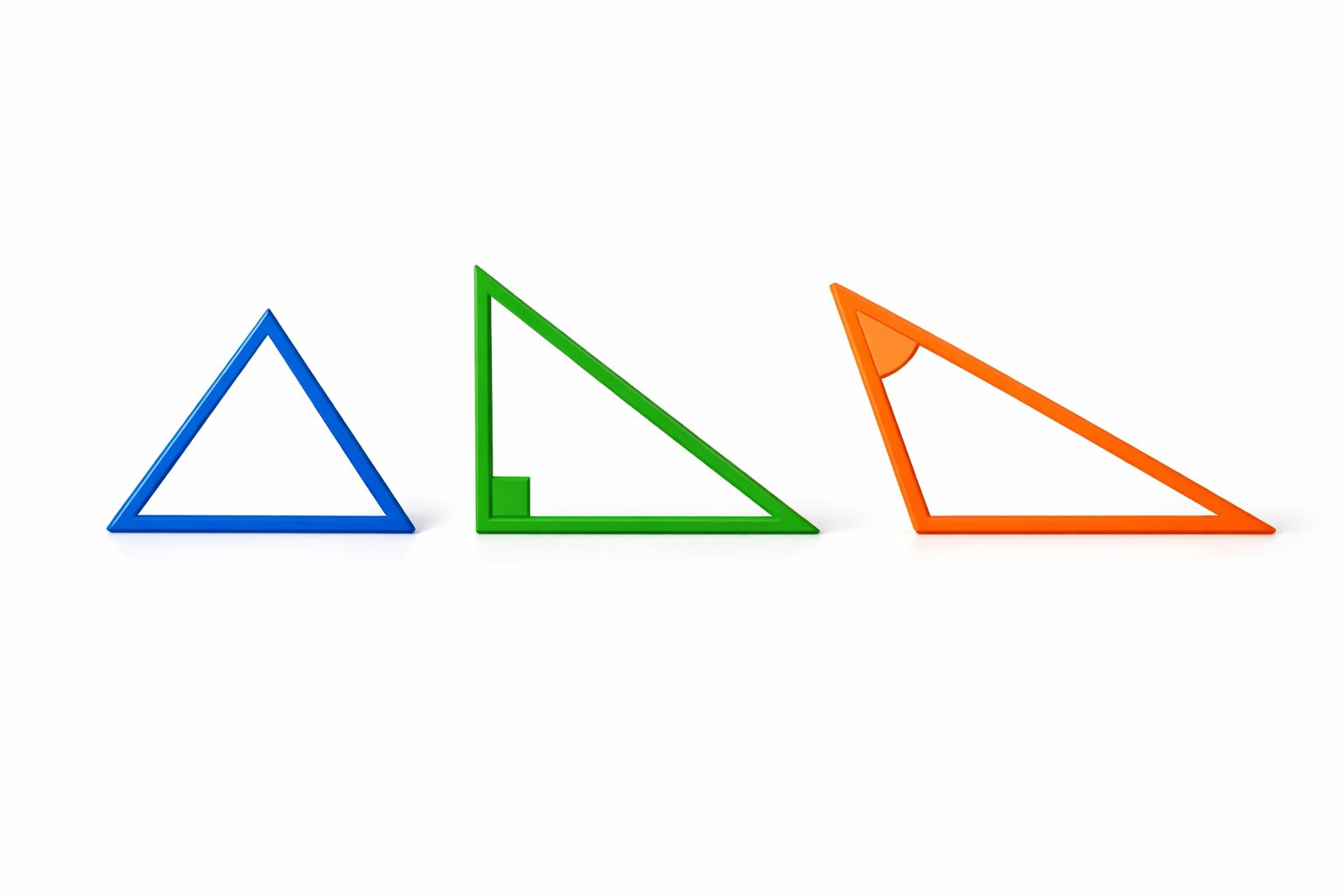 Tri različita trokuta postavljena jedan do drugog na bijeloj pozadini: oštrokutni, pravokutni i tupokutni trokut.